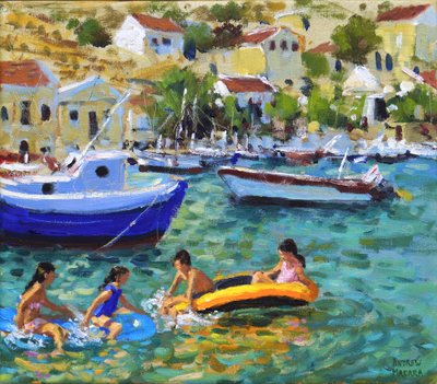 Zabawa na pontonach,Symi,Grecja autorstwa Andrew Macara
