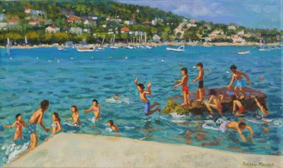 Skakanie ze skał; Cinque Terre, Positano, Włochy, 2000 (olej na płótnie) autorstwa Andrew Macara