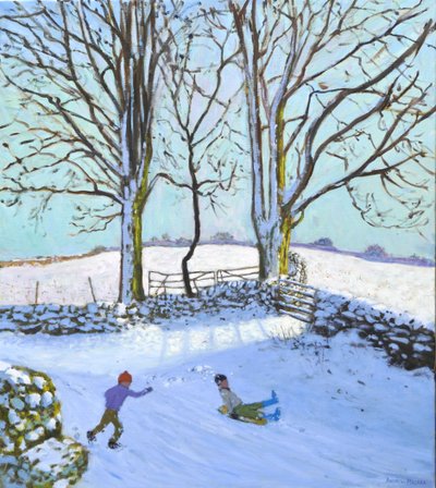 Duże drzewa i sanki, Derbyshire, 2023 (olej na płótnie) autorstwa Andrew Macara