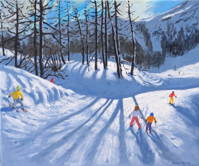Długie cienie drzew i narciarzy, Tignes, 2016-2019 (olej na płótnie) autorstwa Andrew Macara