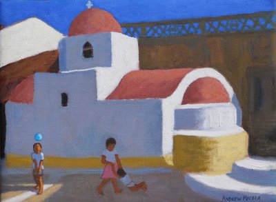 Gra przy kościele,Karpathos,Wyspy Greckie,(olej na płótnie) autorstwa Andrew Macara