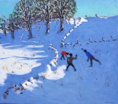 Zabawa na śniegu Youlgrave,Derbyshire,2016,(olej na płótnie) autorstwa Andrew Macara