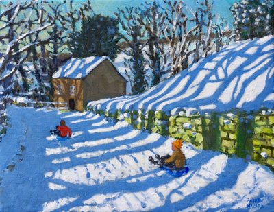 Jazda na sankach, Górny Hulme, Por, 2020, (olej na płótnie) autorstwa Andrew Macara