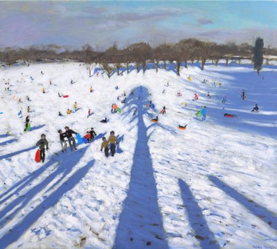 Jazda na sankach, Wollaton Park, 2017, (olej na płótnie) autorstwa Andrew Macara