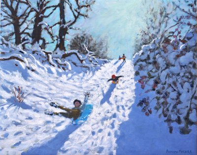 Jazda na sankach, Opactwo Calke, Ticknall, Derby, 2021 (olej na płótnie) autorstwa Andrew Macara