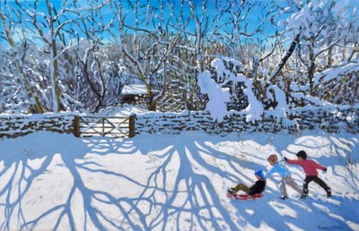 Jazda na sankach, Gambols Lane, Dovehead, High Peak, Derbyshire, 2021 (olej na płótnie) autorstwa Andrew Macara