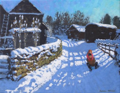 Sanki, w pobliżu Wintercroft Lane w pobliżu Dovedale i Thorpe. Ashbourne, 2021 (olej na płótnie) autorstwa Andrew Macara