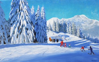 Lekcja jazdy na nartach, Morzine, 2015 (olej na płótnie) autorstwa Andrew Macara