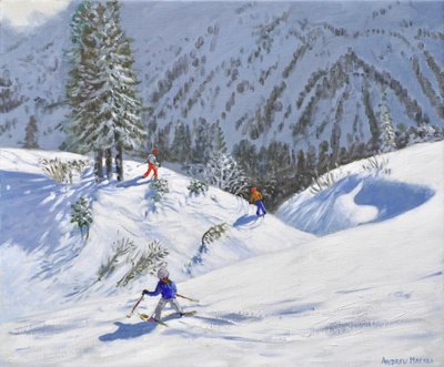 Trzech narciarzy, Kitzbuehel, Austria, 2024 (olej na płótnie) autorstwa Andrew Macara