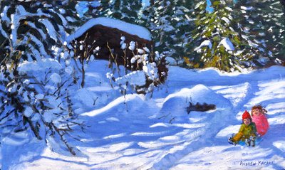Dwóch na sankach,Sad,Morzine ,(olej na płótnie) autorstwa Andrew Macara