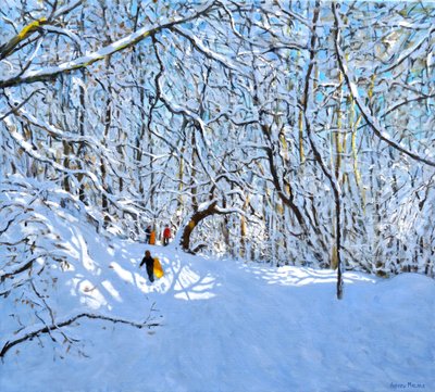 Żółte i pomarańczowe sanki, Allestree Park, Derby. 36x40,2018, autorstwa Andrew Macara