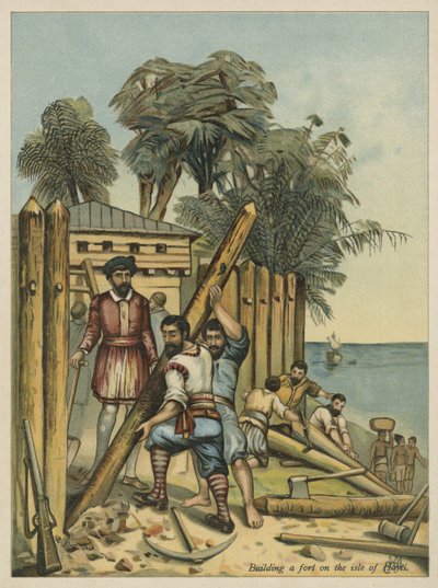 Kolumb budujący fort na Haiti (chromolitho) autorstwa Andrew Melrose