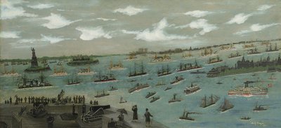 Recenzja floty Stanów Zjednoczonych w porcie w Nowym Jorku ze Statuą Wolności, 1893 r. autorstwa Andrew Meyer
