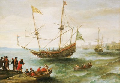 Algierczyk zakotwiczony w porcie w Barbarii (nazwa nadana wybrzeżu Afryki Północnej od XVI do XIX wieku przez Europejczyków). Obraz olejny autorstwa Andriesa van Eertvelta (1590-1652). autorstwa Andries van Eertvelt
