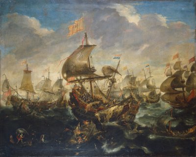 Bitwa hiszpańskiej i holenderskiej floty w maju 1573 r. podczas oblężenia Haarlemu autorstwa Andries van Eertvelt