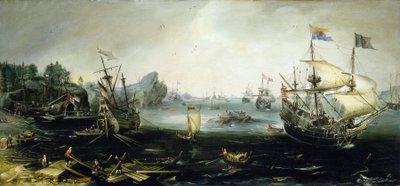 Holenderskie statki ładujące ładunek drewna do skandynawskiego fiordu. Obraz olejny autorstwa Andriesa van Eertvelta (1590-1652). autorstwa Andries van Eertvelt