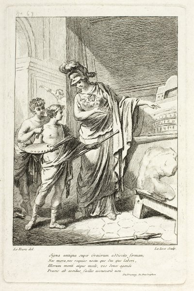 Minerwa uczy młodego artystę, ilustracja do Katalogu historique du Cabinet autorstwa Mariette autorstwa Ange Laurent de Lalive de Jully
