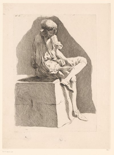 Karykatura chłopca szyjącego pończochę Karykatury wg J. Saly (tytuł serii) Recueil de caricatures dessinées Par J. Saly et Gravées par A.L. DeLalive DJ (tytuł serii) autorstwa Ange Laurent de, marquis de Rémoville Lalive