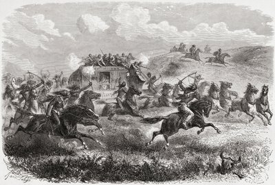 Indianie atakujący transkontynentalny dyliżans w 1867 r., ilustracja z „Świata w rękach”, rytowana przez Charlesa Laplante (zm. 1903), opublikowana w 1878 r. autorstwa Ange Louis Janet