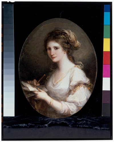 Domniemany autoportret w przebraniu poezji, w białej sukni, trzymając długopis i papier autorstwa Angelica Kauffman
