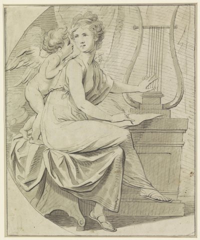 Amor inspiruje młodą kobietę, która jedną ręką brzdąka na lirze, a drugą pisze autorstwa Angelica Kauffmann