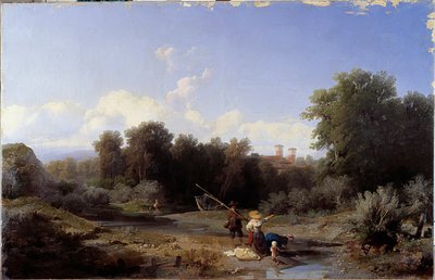 Krajobraz lub „Wędkarstwo” (Wędkowanie w rzece) Obraz Angelo Beccaria (1820-1897) 1855 Dim 94x146 cm Genes, Galleria d