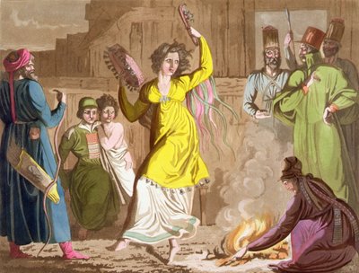 Szamanizm ludu Teleutów, region Kemerowo, Syberia, tablica 27 z „Le Costume Ancien et Moderne” Julesa Ferrario, wydana ok. 1820-30 (kolor lito) autorstwa Angelo Biasioli