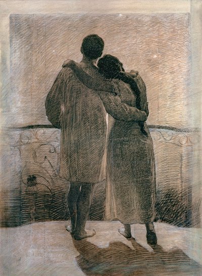 Młoda para, centralny panel z Tryptyku Sen i rzeczywistość, 1905 (ołówek i węgiel na papierze) autorstwa Angelo Morbelli
