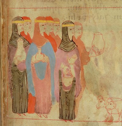 Cott Claud B IV f.76 Kobiety noszące złote opaski, z Pięcioksięgu Aelfric, z St. Augustine