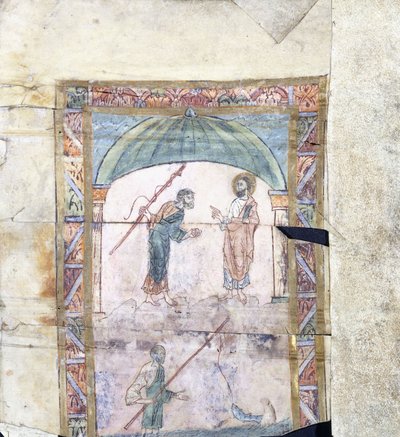 Chrystus poucza Piotra w Kafarnaum o daninie, ok. 1000 rne autorstwa Anglo Saxon