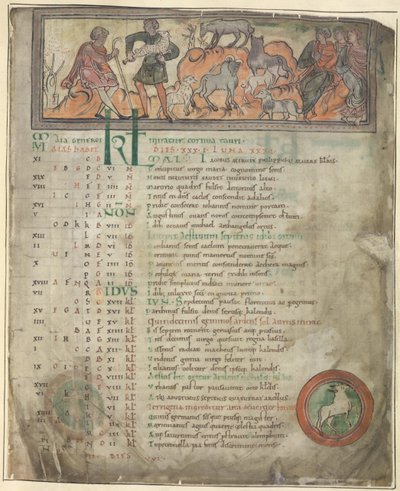 Cotton Tiberius B. V, część 1, f.5 Strona kalendarza na maj. Doglądanie owiec. Dwóch pasterzy ze swoją trzodą, jeden trzymający oszusta i trzy siedzące postacie. U stóp Baran w rondzie autorstwa Anglo Saxon