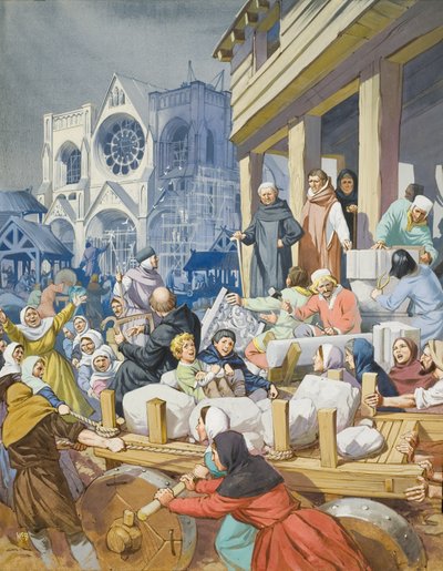 Opat Suger (ok. 1081-1151) i budynek opactwa St Denis (gwasz na papierze) autorstwa Angus McBride