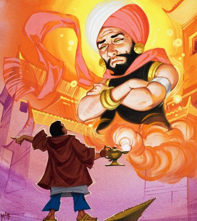 Aladyn dowodzący Dżinem, ilustracja z filmu "Aladyn i jego cudowna lampa" (gwasz na papierze) autorstwa Angus McBride