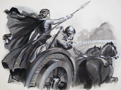 Boadicea podsycająca wściekłość Brytyjczyków przeciwko ich rzymskim władcom (gwasz na papierze) autorstwa Angus McBride