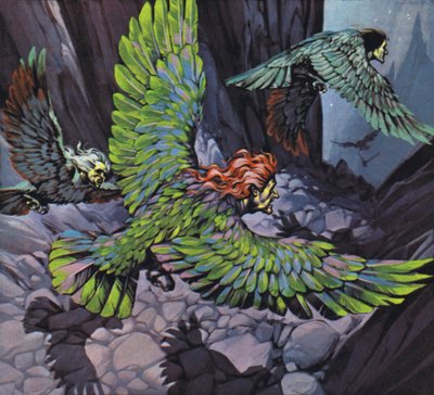 Harpie (kolorowa litografia) autorstwa Angus McBride