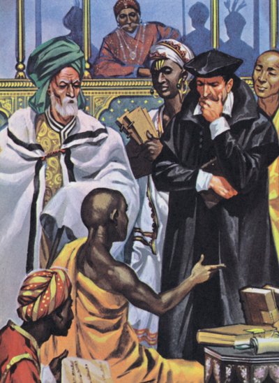 Idee dyskutowane w Parlamencie Religii Akbara (kolorowa litografia) autorstwa Angus McBride