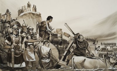 Juliusz Cezar (100-44 p.n.e.) poprowadził swoich żołnierzy przez małą rzekę Rubikon i pomaszerował na Rzym (gwasz na papierze) autorstwa Angus McBride