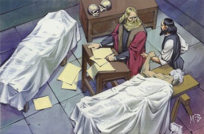Leonardo Da Vinci bada anatomię człowieka, wykorzystując zwłoki mężczyzn zmarłych w szpitalu (gwasz na papierze) autorstwa Angus McBride