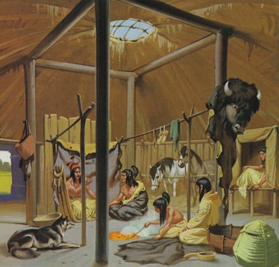 Mandan earth lodge (kolorowa litografia) autorstwa Angus McBride
