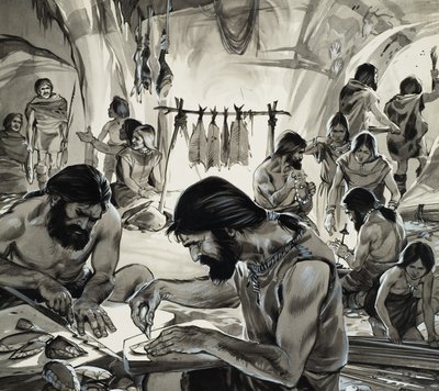 Ludzkość w trakcie tworzenia, "Epoka lodowcowa" (gwasz na papierze) autorstwa Angus McBride