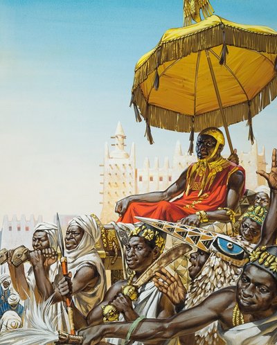 Mansa Kankan Musa I, XIV-wieczny król imperium malijskiego (gwasz na papierze) autorstwa Angus McBride