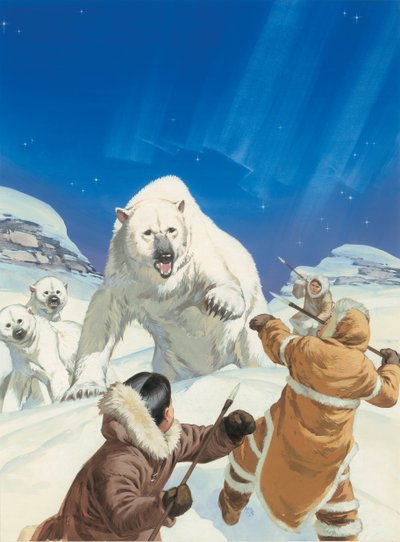 Niedźwiedzie polarne i Eskimosi (gwasz na papierze) autorstwa Angus McBride