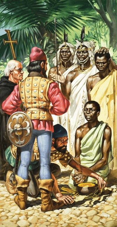 Portugalscy odkrywcy przybywający na Wyspy Zielonego Przylądka i do Gambii znaleźli tubylców chętnych do handlu złotem. autorstwa Angus McBride