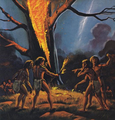 Prehistoryczny człowiek i ogień (kolorowa litografia) autorstwa Angus McBride