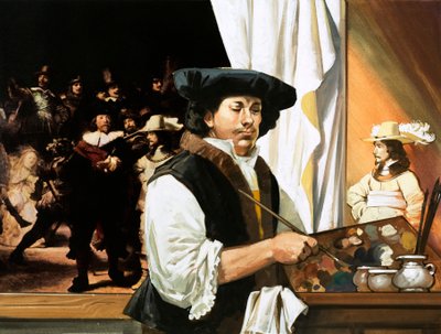 Rembrandt malujący swój słynny portret Gwardzistów Obywatelskich autorstwa Angus McBride