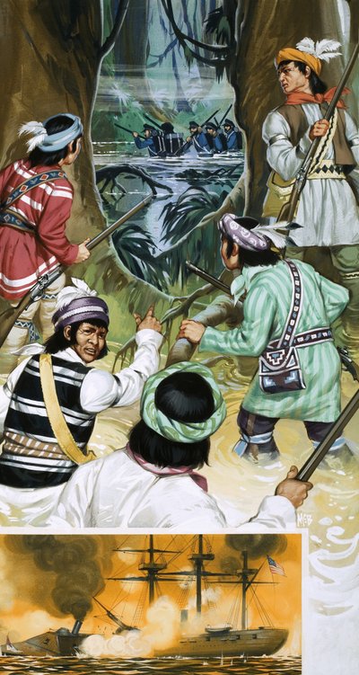 Indianie Seminole walczą z amerykańskimi żołnierzami na bagnach autorstwa Angus McBride