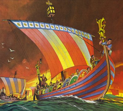 Normanowie przeprawiają się przez kanał La Manche do Hastings (kolorowa litografia) autorstwa Angus McBride