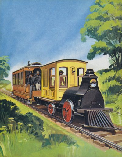 Pociąg elektryczny Thomasa Edisonsa, zbudowany w 1882 roku (kolorowa litografia) autorstwa Angus McBride