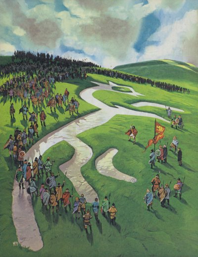 Uffington White Horse, zbudowany przez Alfreda Wielkiego po bitwie pod Ashdown przeciwko Duńczykom (kolorowa litografia) autorstwa Angus McBride