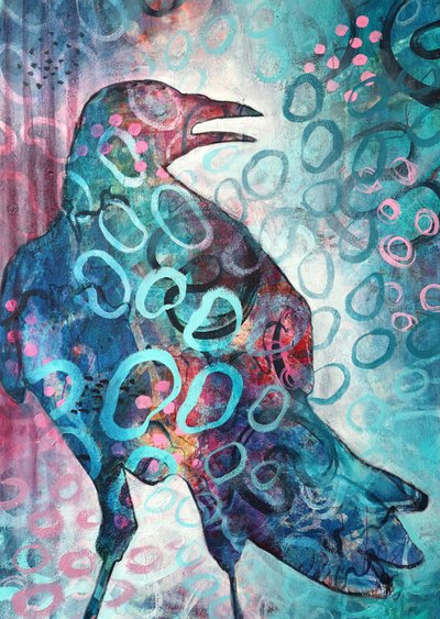 Żywa abstrakcja przedstawiająca kruka autorstwa Ania Witwitzka